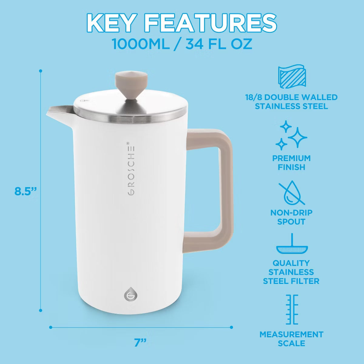 French Press – Culinvaro Stainless Steel Double Wall Insulated French Press, 34 fl oz. Capacity