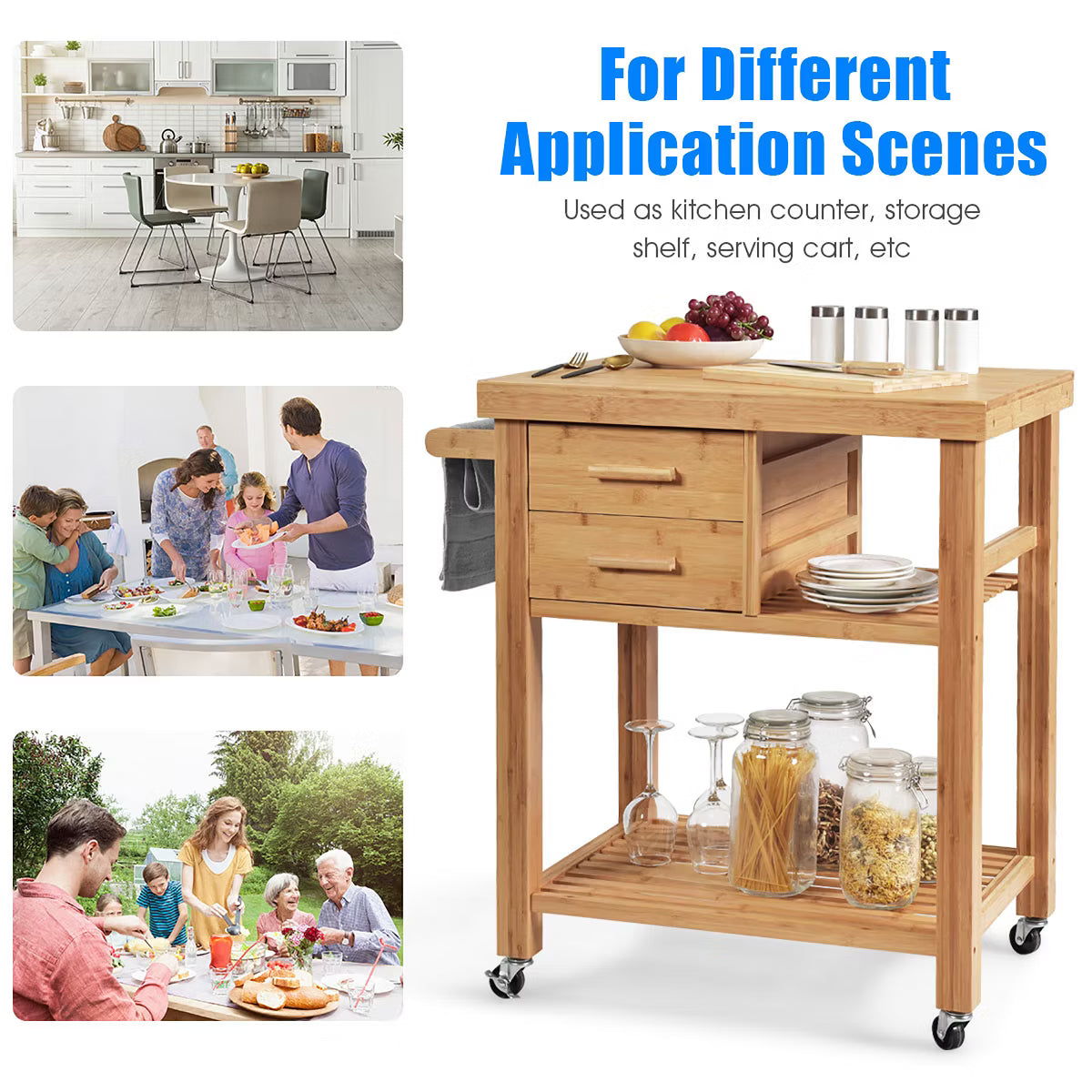 Kitchen Cart – Culinvaro Bamboo Kitchen Trolley Cart Wood Rolling Island w/ Tower Rack & Drawers