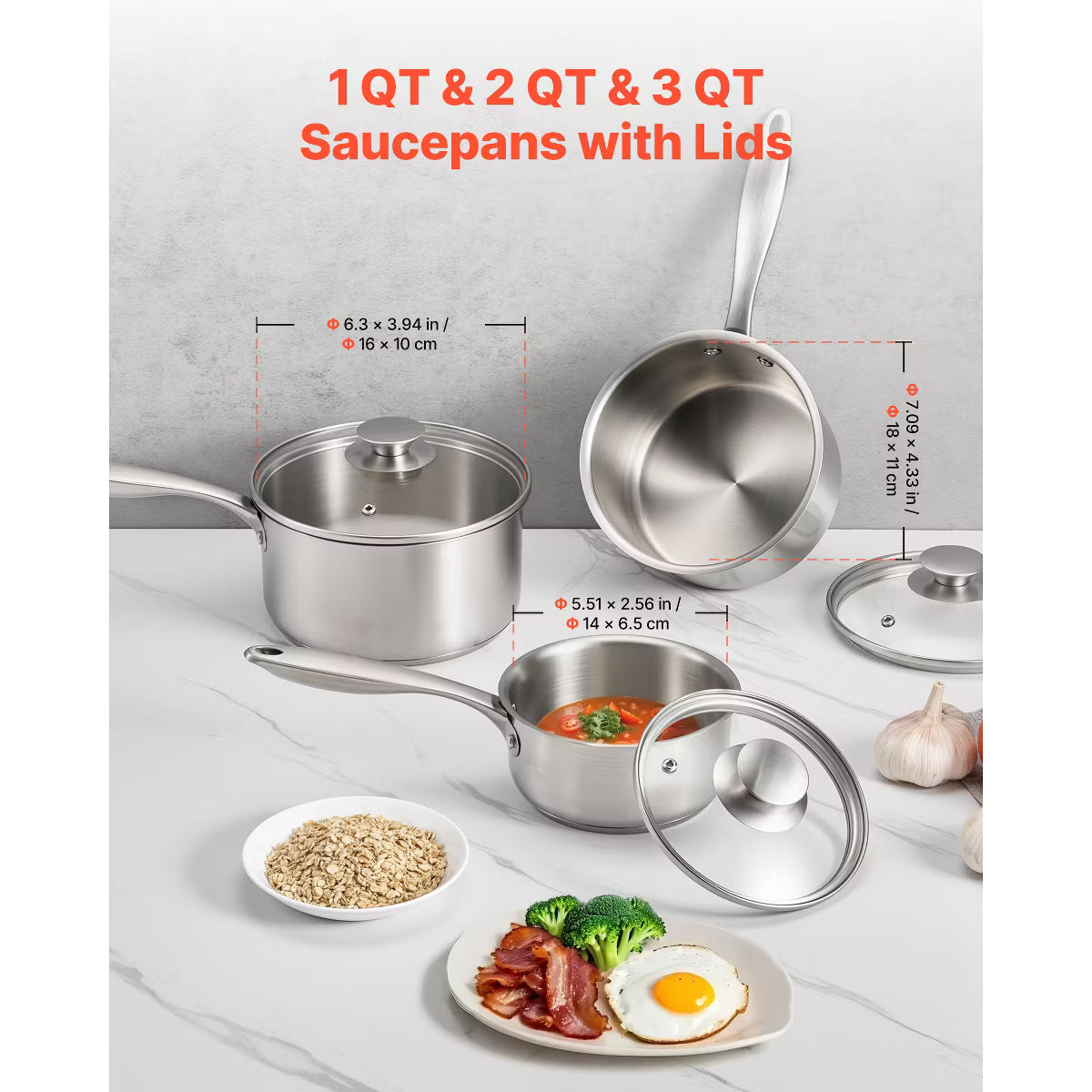 Saucepan – Sauce Pan Set with Glass Lids 1 QT 2 QT 3 QT, 3-Piece – Silver
