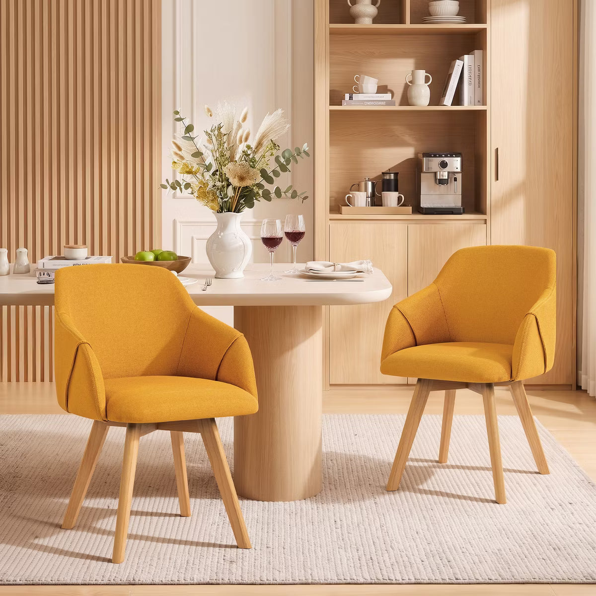 Swivel Dining Chairs Set of 2, Linen Upholstered Armchairs with Solid Wood Legs