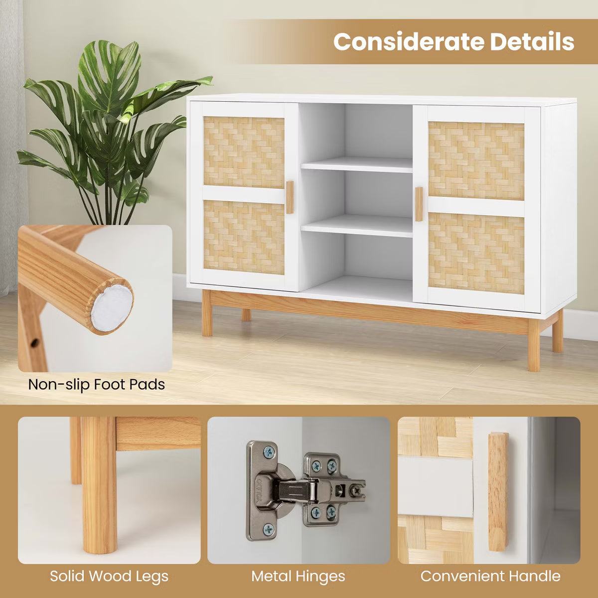 Buffet Cabinet – Culinvaro 48" Sideboard Buffet Cabinet with 2 Bamboo Woven Doors 3 Open Shelves for Kitchen White