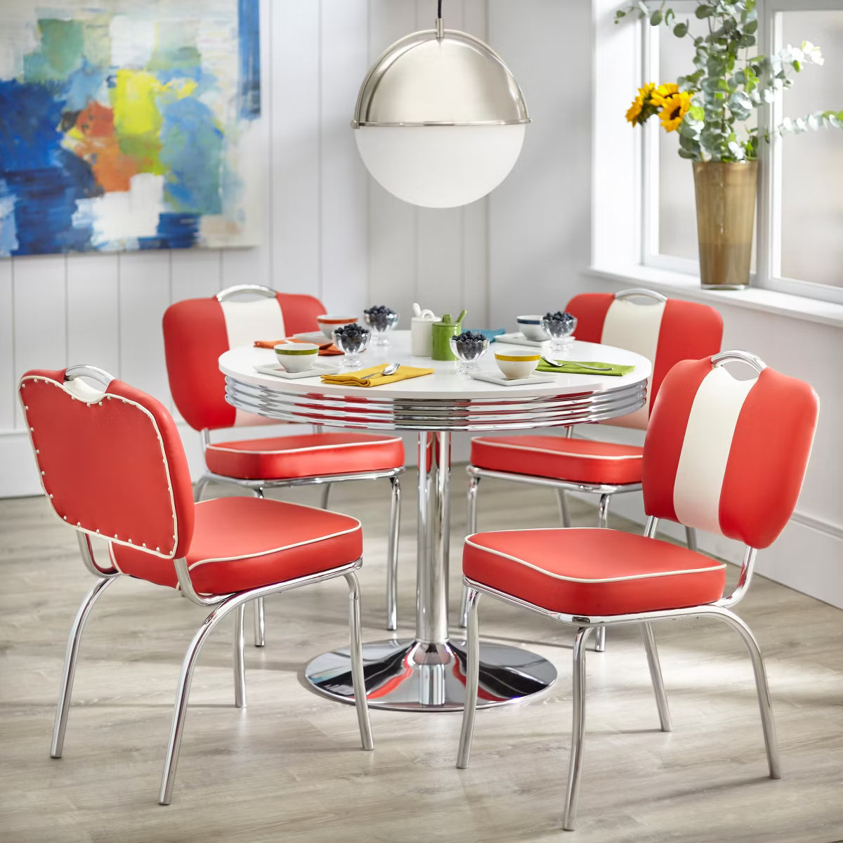 Set of 2 Raleigh Retro Faux Leather Dining Chairs White/Red: Faux Leather