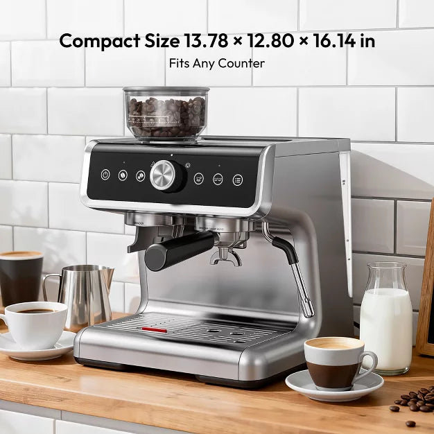Espresso Machine – 15 Bar Coffee Maker with Milk Frother Steamer Wand – Silver