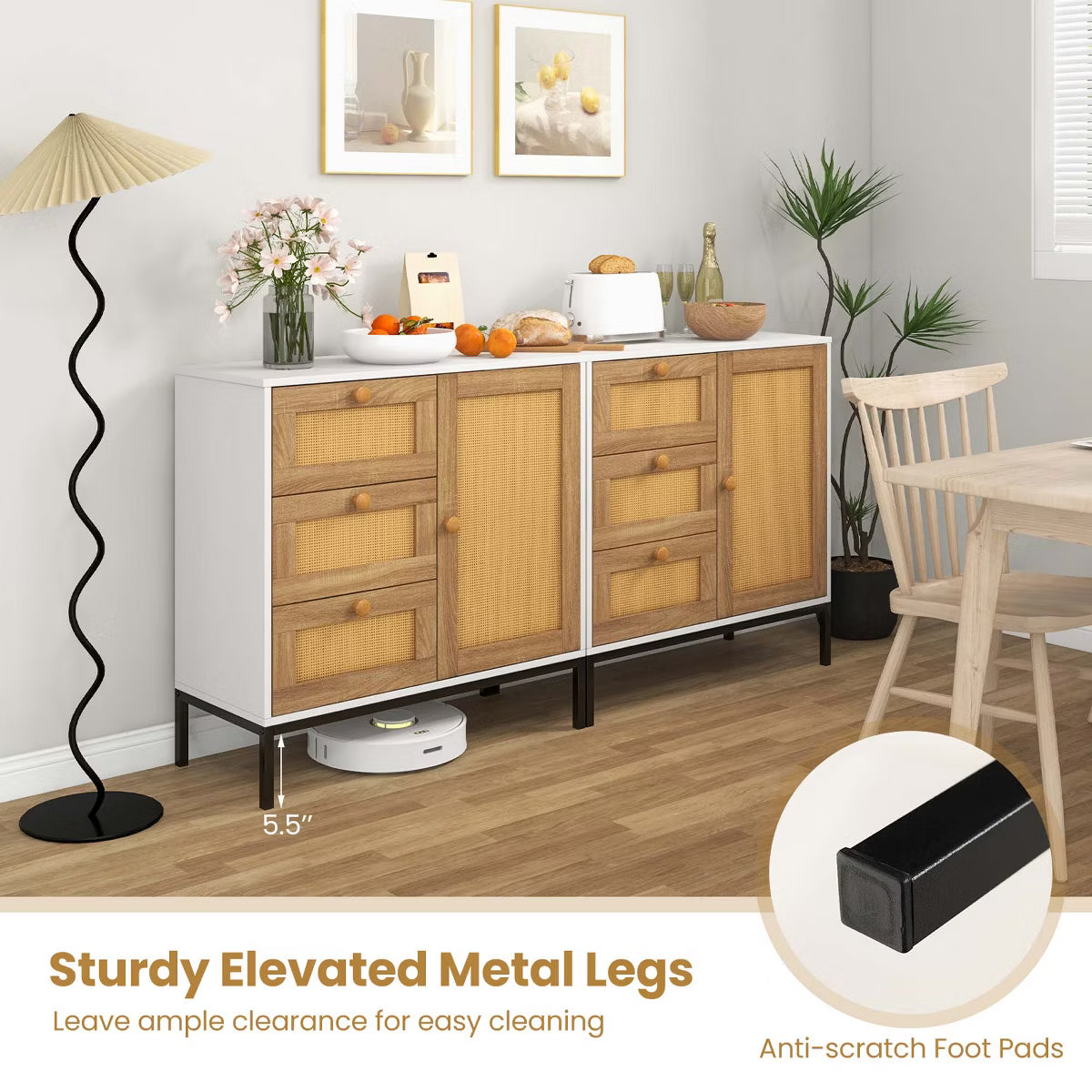 Buffet Cabinet – Culinvaro Rattan Buffet Sideboard with 3 Drawers & 1 Door Sturdy Metal Legs Storage Cabinet