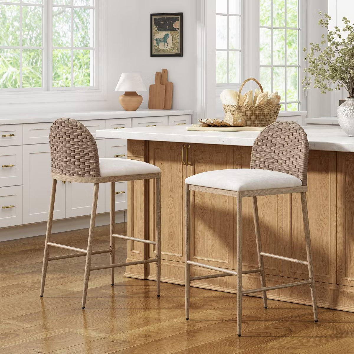 Avirae 29.25" Farmhouse Rattan Upholstered Barstools (Set of 2), Beige/Brown