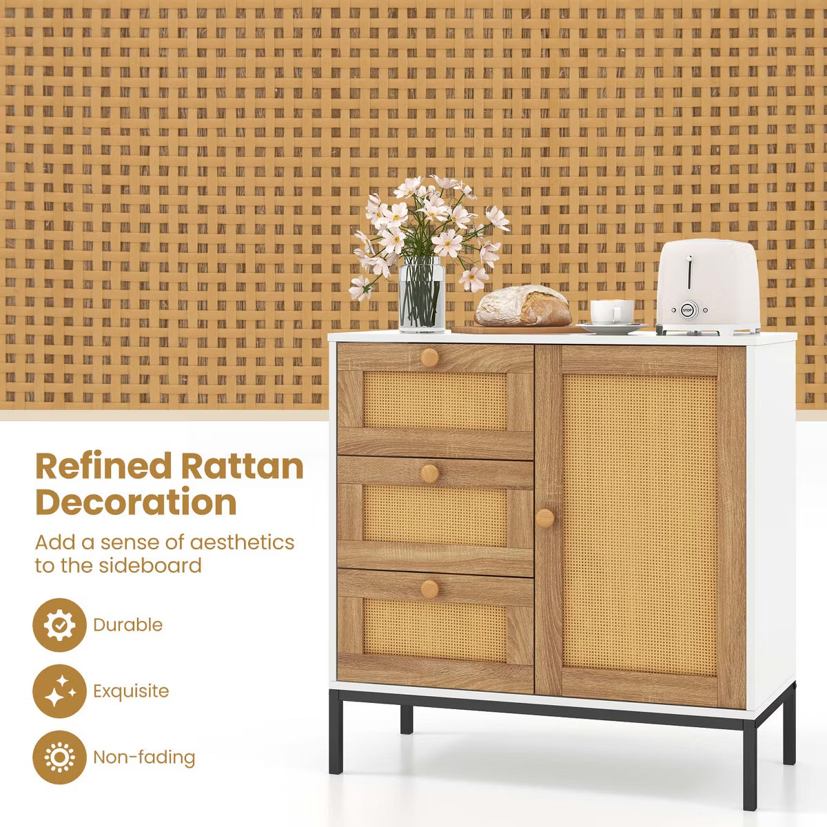 Buffet Cabinet – Culinvaro Rattan Buffet Sideboard with 3 Drawers & 1 Door Sturdy Metal Legs Storage Cabinet