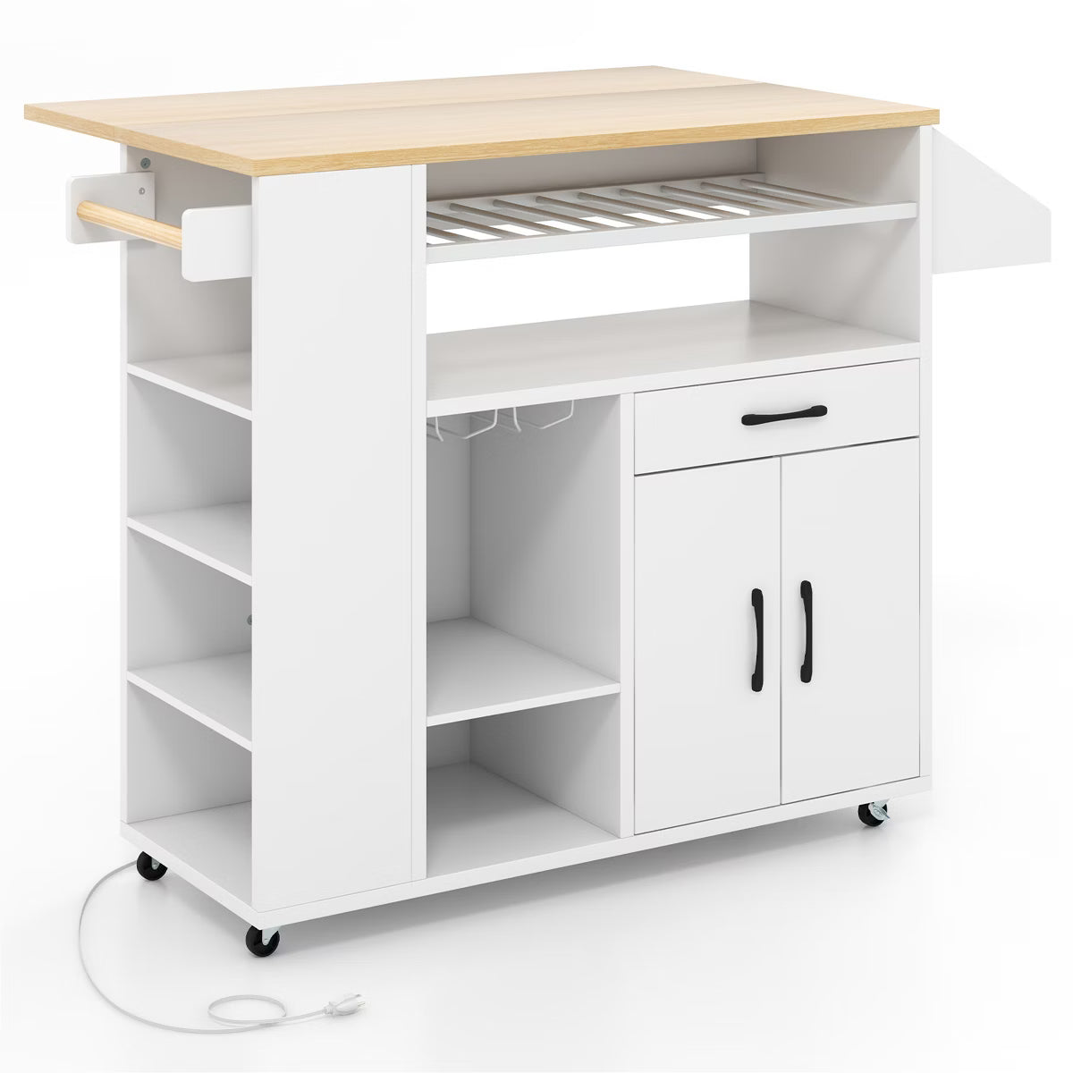 Kitchen Island – Culinvaro Leaf Kitchen Island Cart w/ Power Outlet Drinks Rack Glass Holder Drawer