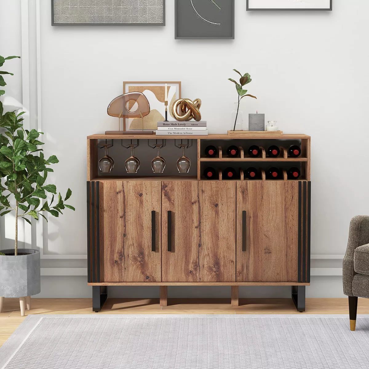 Bar Cabinet – Culinvaro Home Drinks Bar Cabinet w/ 3 Doors & Adjustable Shelves 2-tier Drinks Rack Sideboard