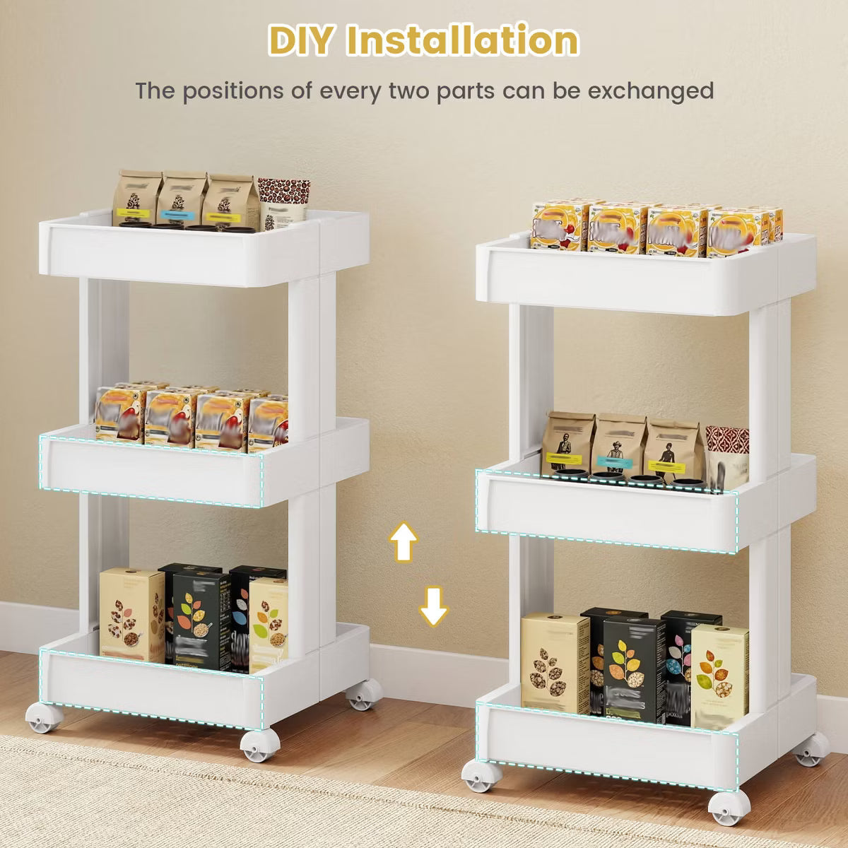 Utility Cart – Culinvaro 4-Tier Rolling Utility Cart with Detachable Trays and Smooth Wheels for Kitchen 15.5” × 9” × 40.5”(L × W × H)