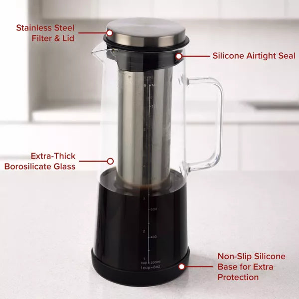 Coffee Server – 1.4L/48oz Glass Carafe with Lid and Spout and Removable – Silver