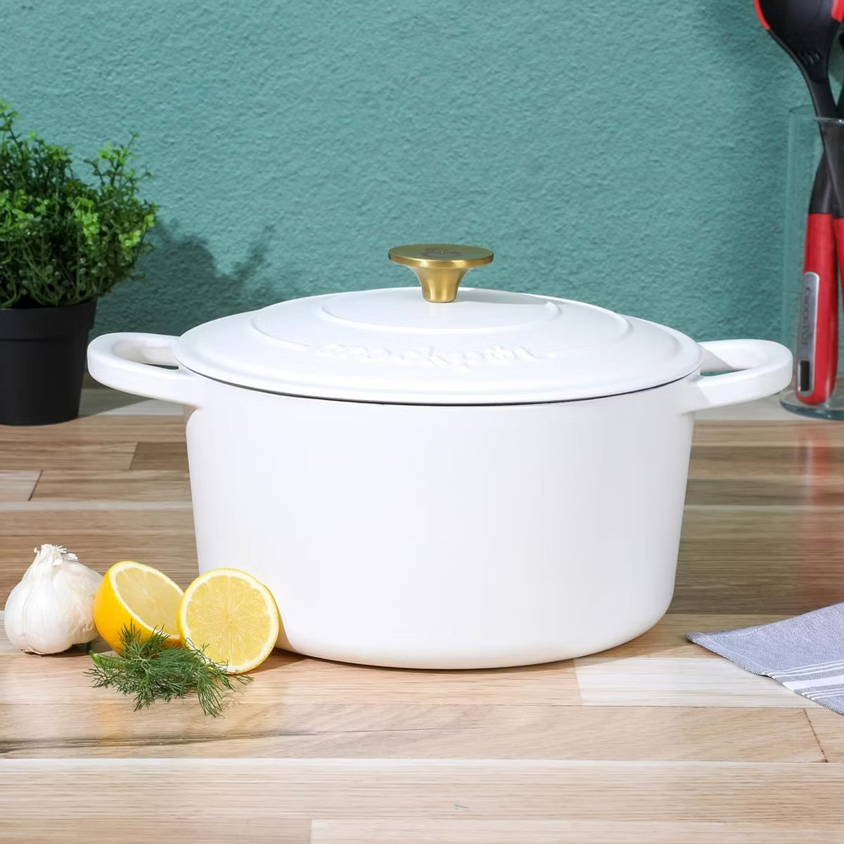 Dutch Oven – 7 Quart Oval Enameled Cast Iron Dutch Oven in Linen with Handle – White