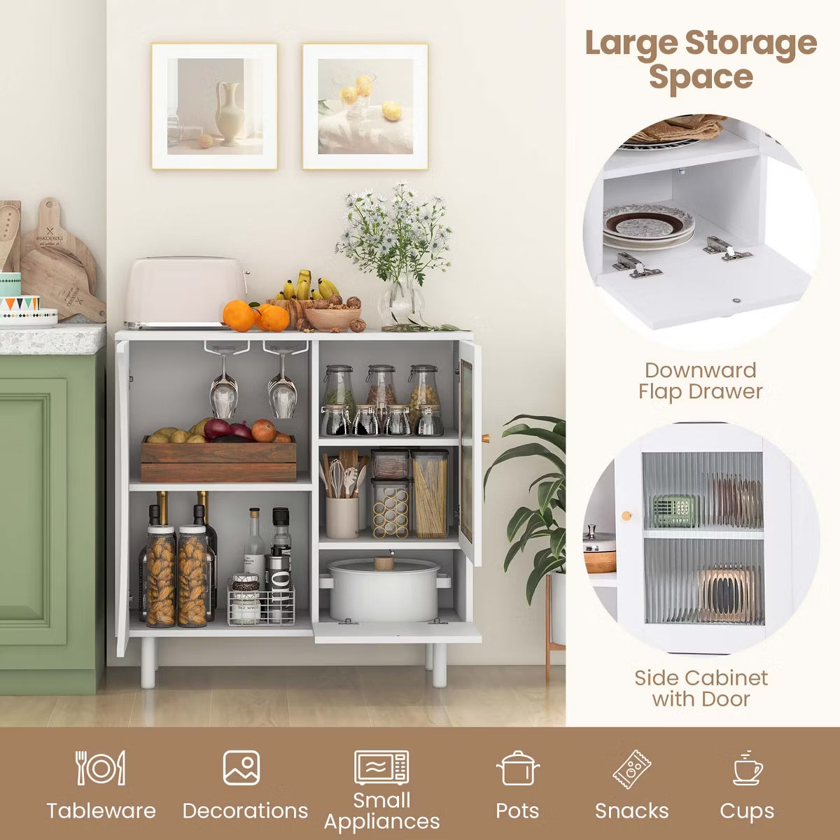 Buffet Cabinet – Culinvaro Kitchen Sideboard Wooden Buffet Cabinet with Glass Holder & Tempered Glass Doors
