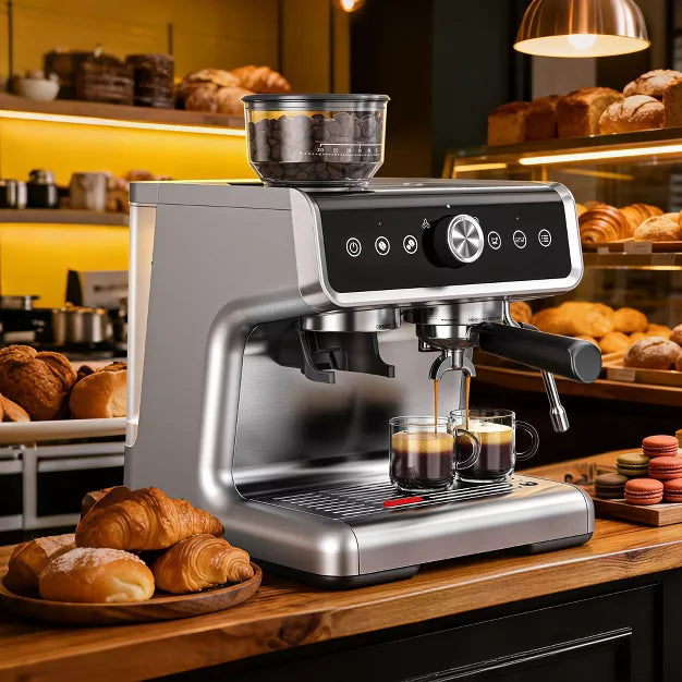 Espresso Machine – 15 Bar Coffee Maker with Milk Frother Steamer Wand – Silver