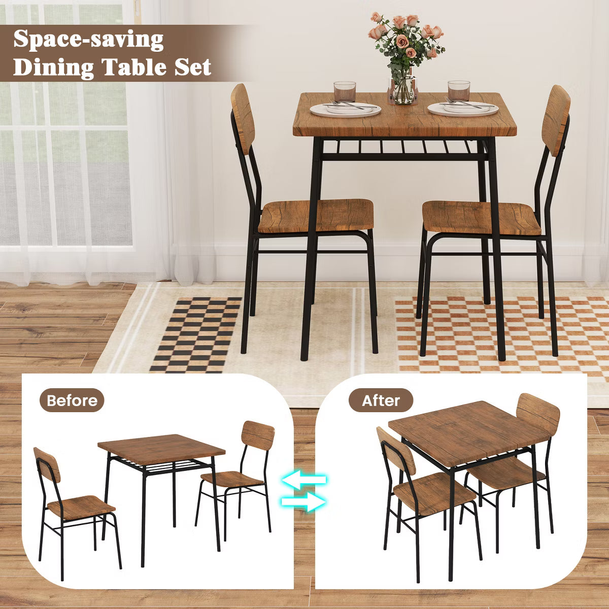 Dining Set – Culinvaro 3-Piece Wood Square Kitchen Table & Chair Set w/ Metal Frame Storage Rack