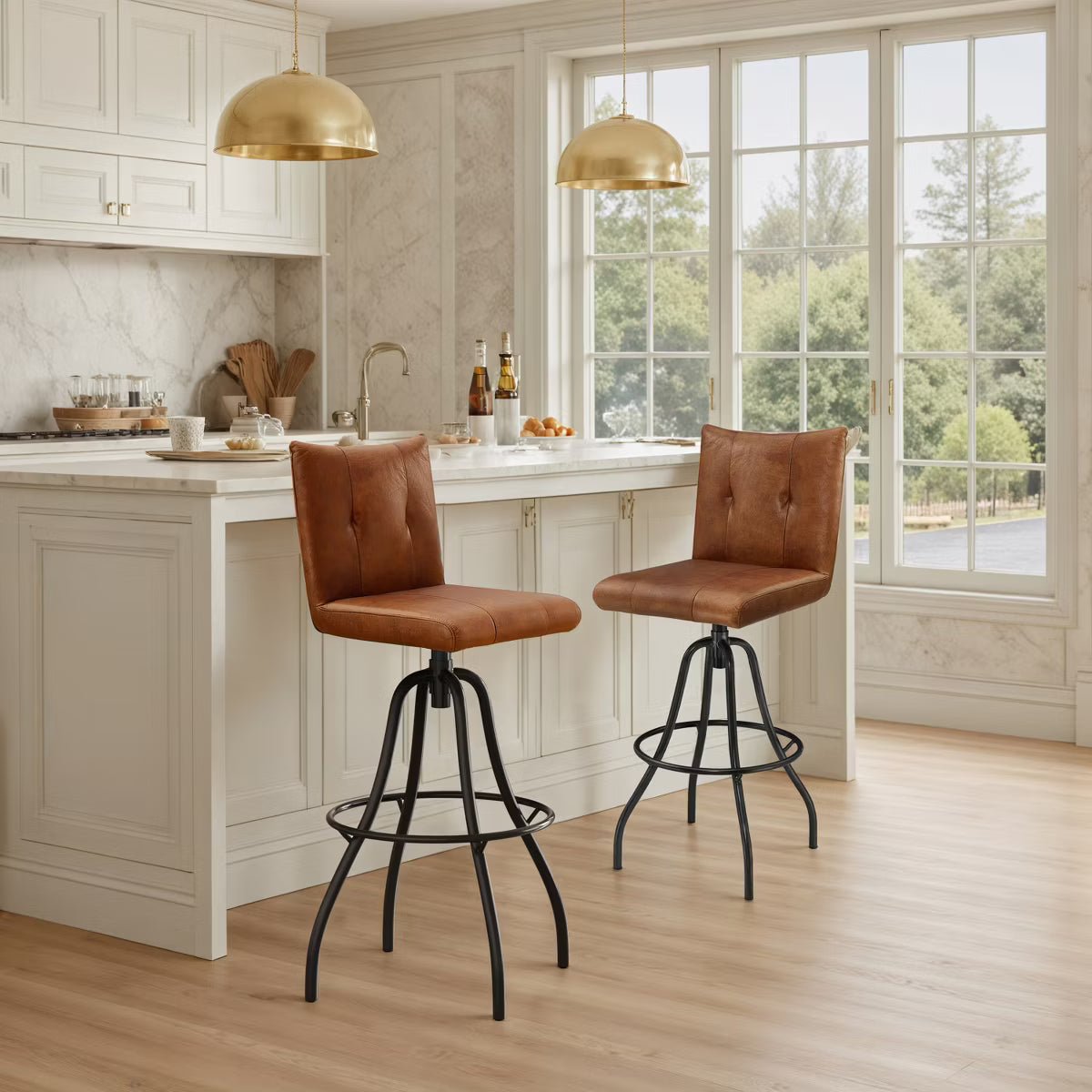 Genuine Leather Industrial-style and Mid-century Modern Counter Height Barstool
