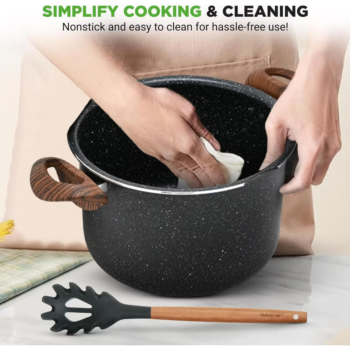 Stock Pot – 5.1qt Non-Stick Aluminum Pasta Pot with Strainer Lid – White