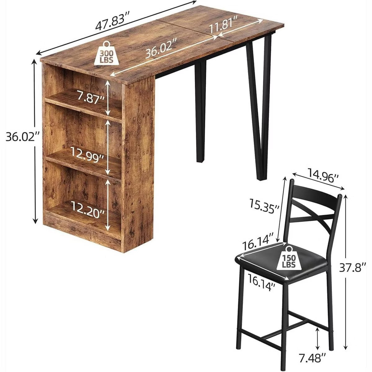 3 Piece Bar Table Set for 2, Bar Table and Chairs Set with with Flip Top Extension