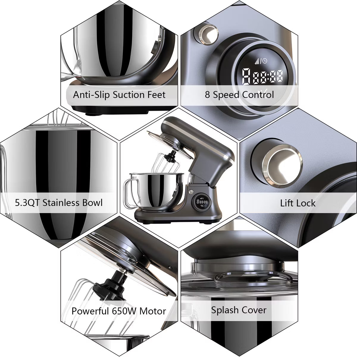 Stand Mixer – Electric Stand Mixer 5.3 Quart 6-Speed Tilt Head Kitchen Mixer – Gray