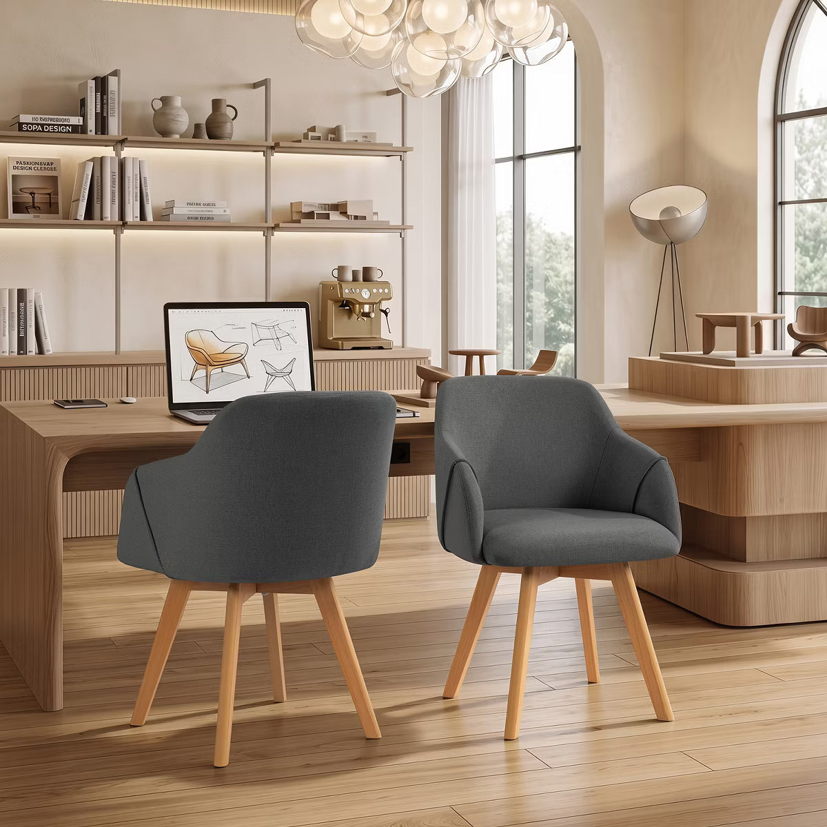 Swivel Dining Chairs Set of 2, Linen Upholstered Armchairs with Solid Wood Legs