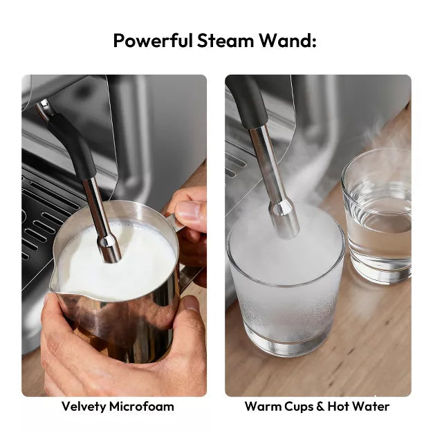 Espresso Machine – 15 Bar Coffee Maker with Milk Frother Steamer Wand – Silver