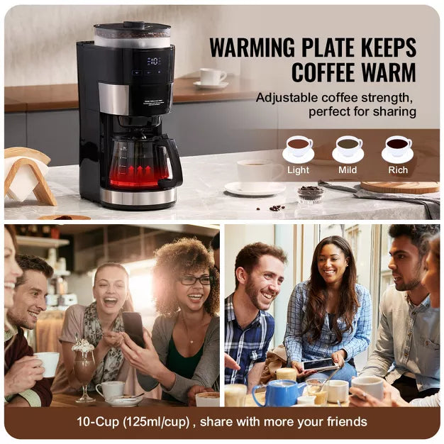 Drip Coffee Maker – Coffee Maker with Grinder, 10 Cup Coffee Machine – Black