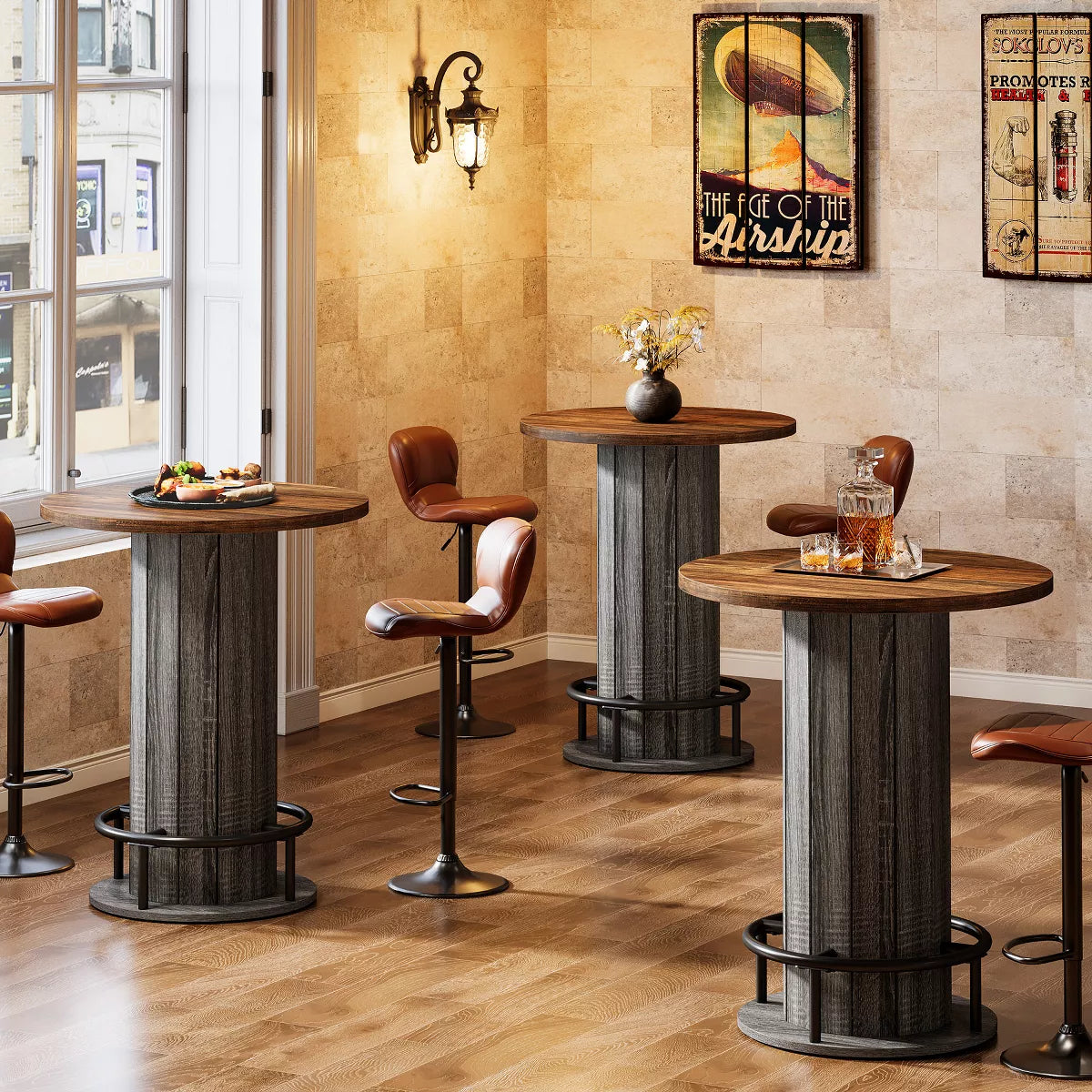 Wood Bistro Pub Table with Metal Ring Footrest for Dining Cocktail Living Room