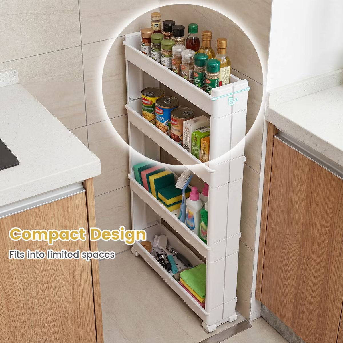 Utility Cart – Culinvaro 4-Tier Rolling Utility Cart with Detachable Trays and Smooth Wheels for Kitchen 15.5” × 9” × 40.5”(L × W × H)