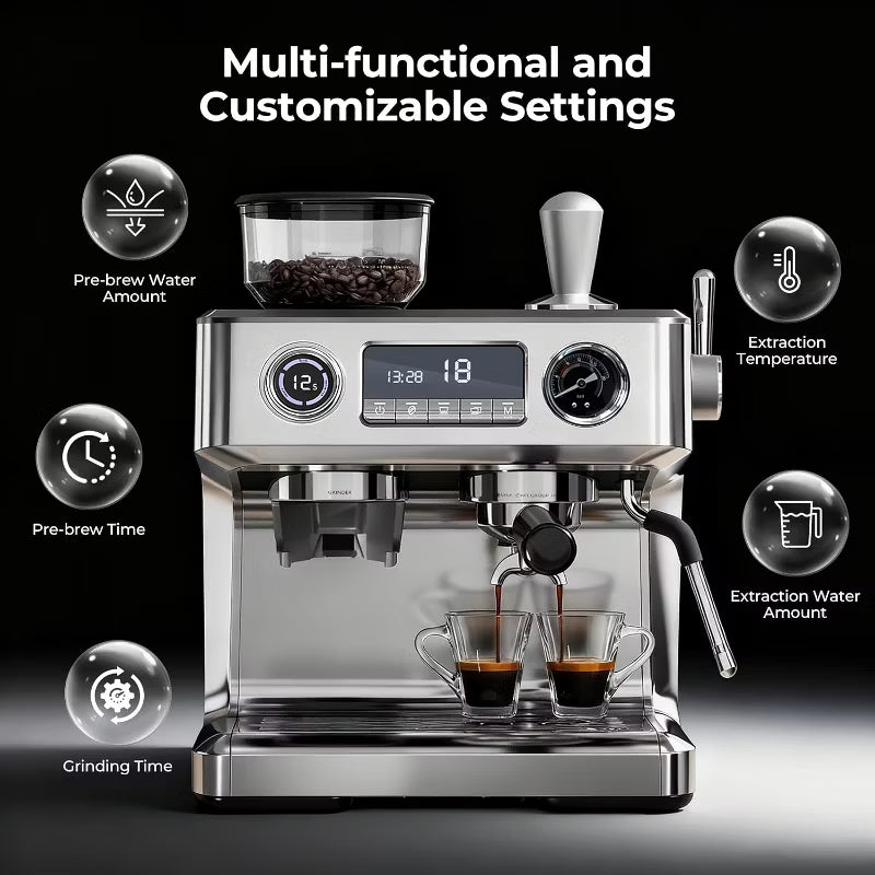Espresso Machine – 20 Bar Programmable Expresso Coffee Machines with 30 Grinder Setting – Silver