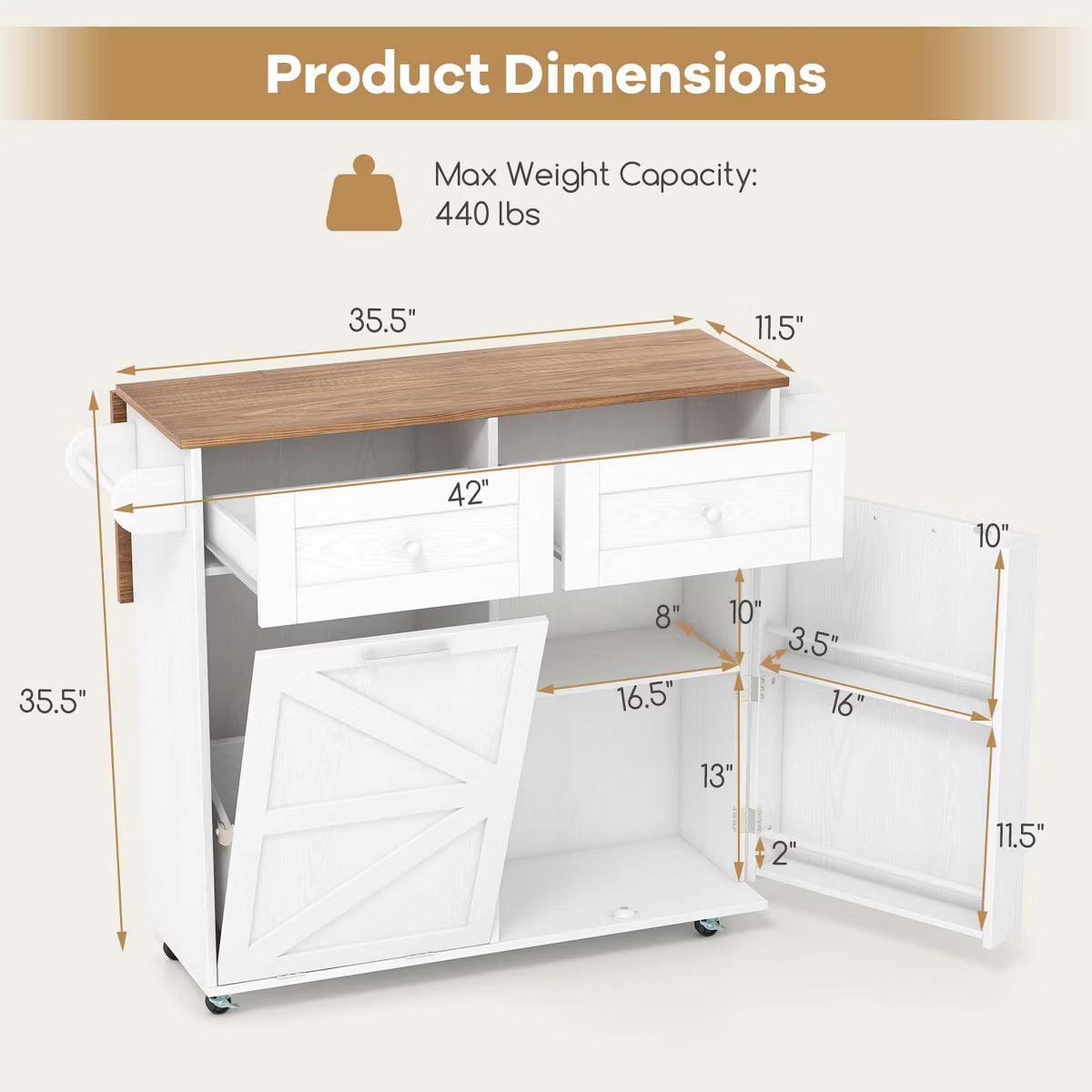 Rolling Kitchen Island Kitchen Island Cart with Drop Leaf Trash Can Cabinet White