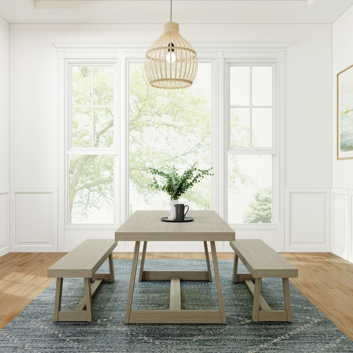 Farmhouse Dining Table Set with 2 Benches