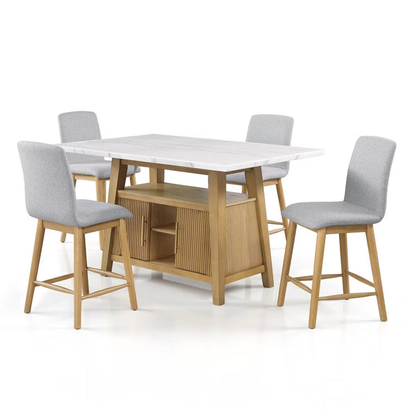 Dining Set – Culinvaro 5Pc Genuine Marble Top Counter Height Dining Room Set with Storage Natural