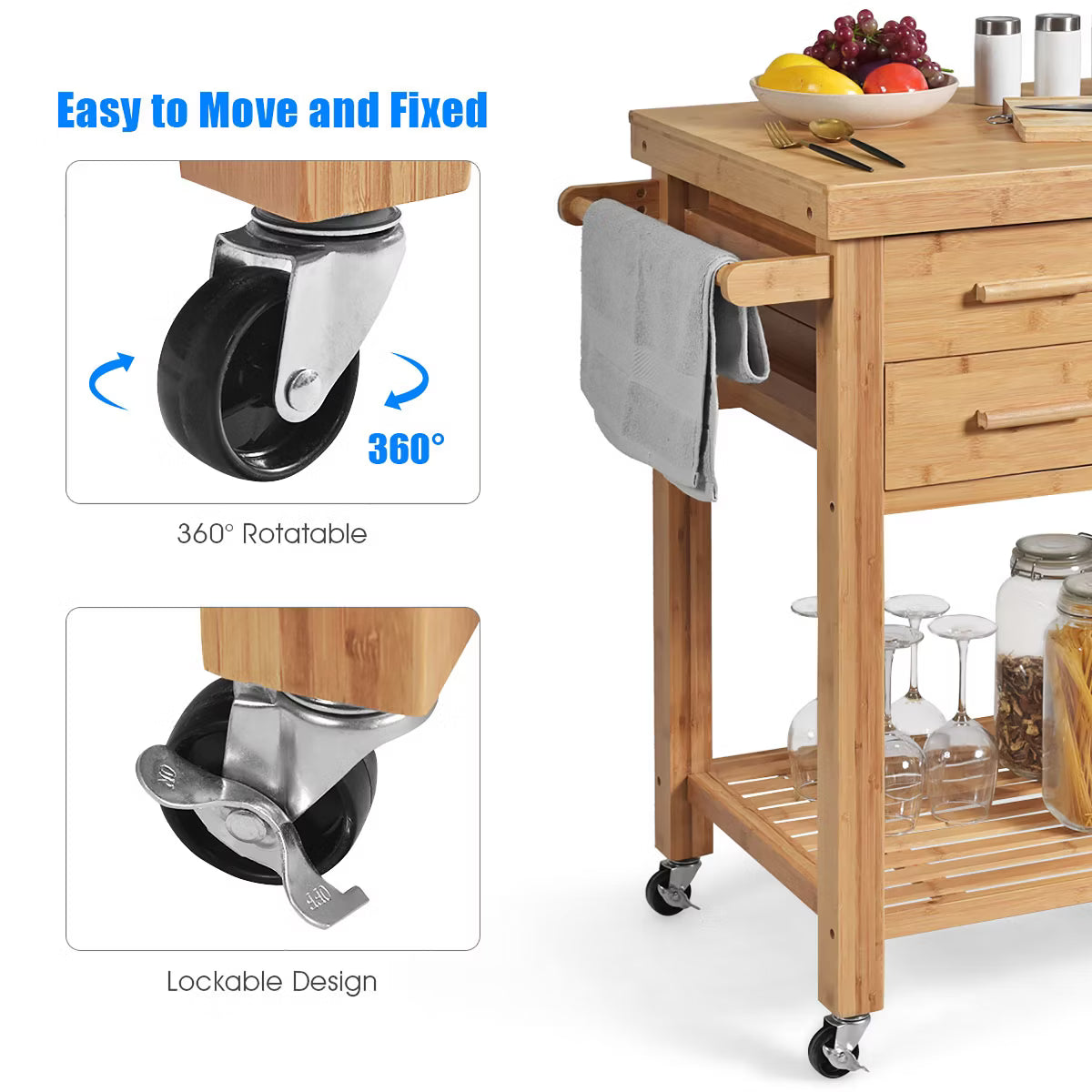 Kitchen Cart – Culinvaro Bamboo Kitchen Trolley Cart Wood Rolling Island w/ Tower Rack & Drawers