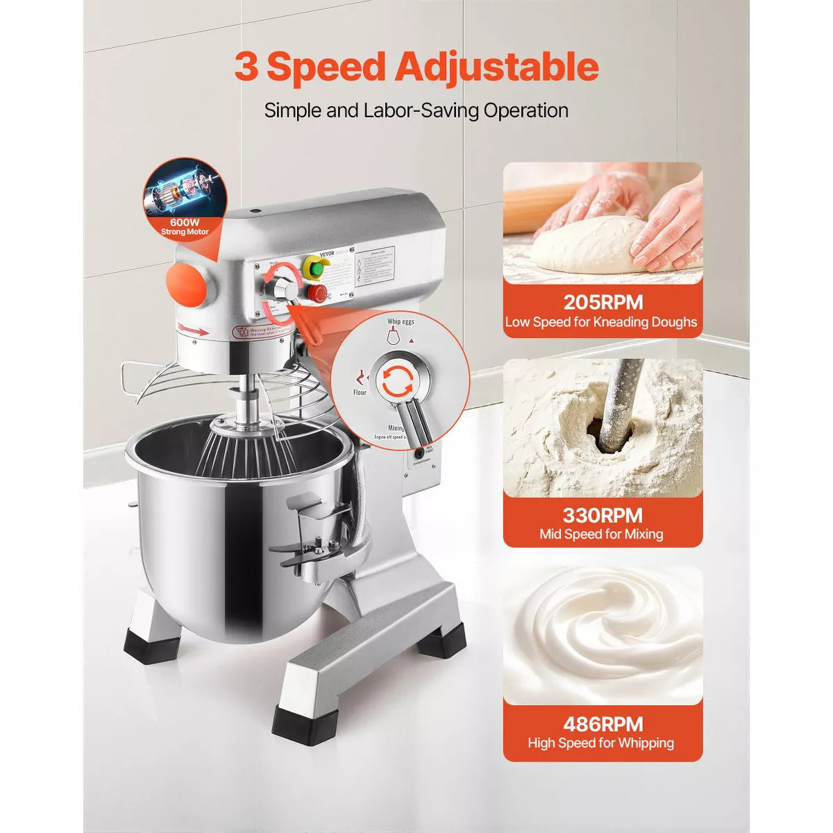 Stand Mixer – Commercial Food Mixer 15Qt 600W 3 Speeds Adjustable 110/178/390 RPM – Silver