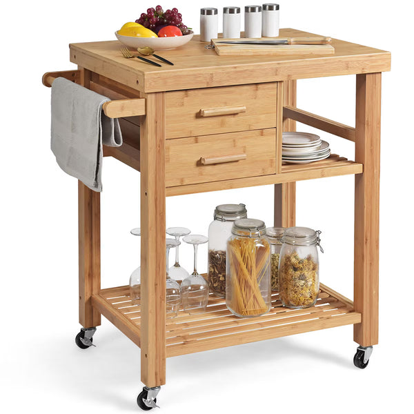 Kitchen Cart – Culinvaro Bamboo Kitchen Trolley Cart Wood Rolling Island w/ Tower Rack & Drawers
