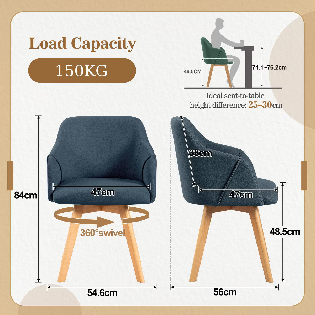 Swivel Dining Chairs Set of 2, Linen Upholstered Armchairs with Solid Wood Legs