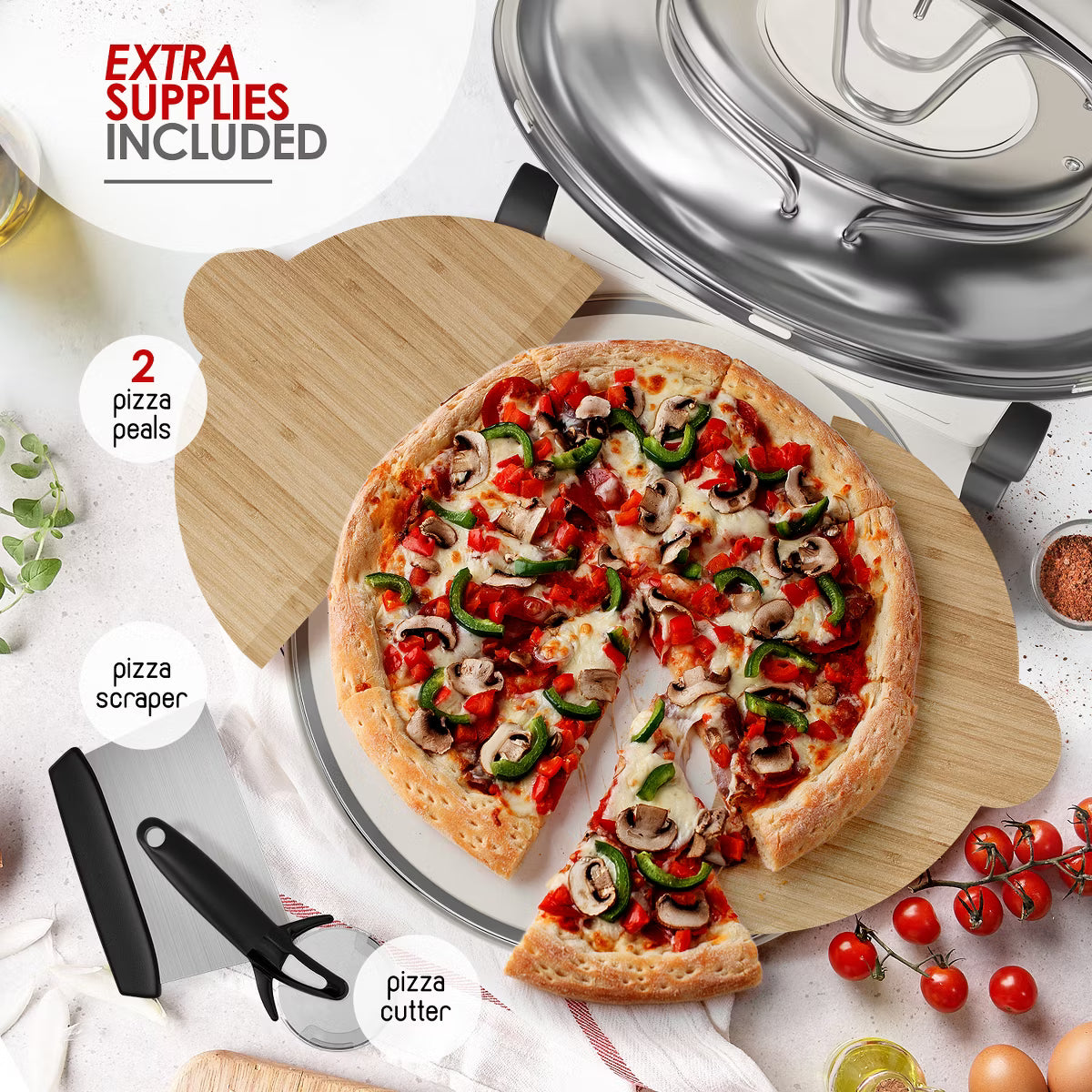 Pizza Oven – Electric Pizza Oven Indoor, 12 Inch Portable Stone Pizza Oven – Cream