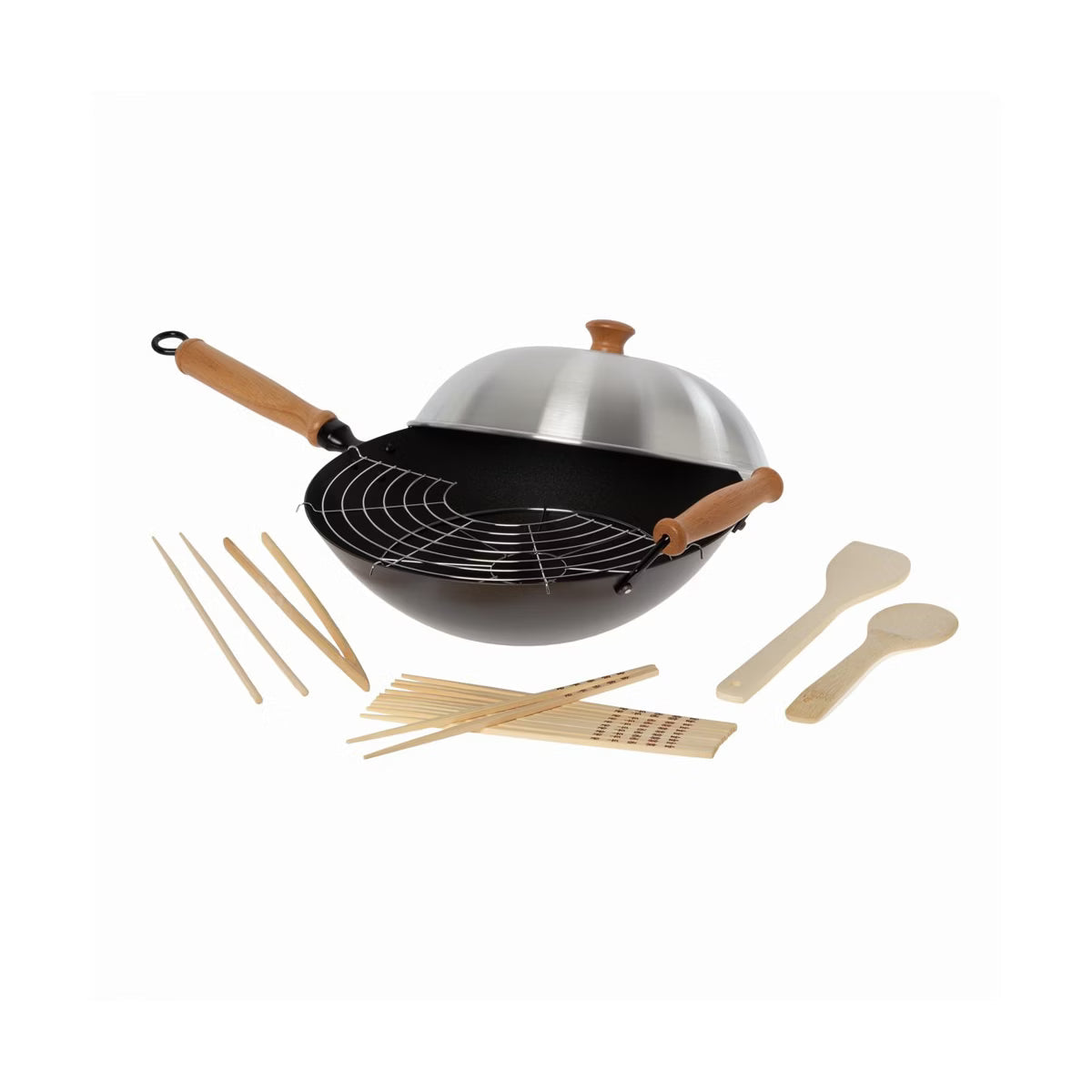 Wok – 14-Inch Carbon Steel Excalibur Nonstick Flat Bottom Wok Set – Black