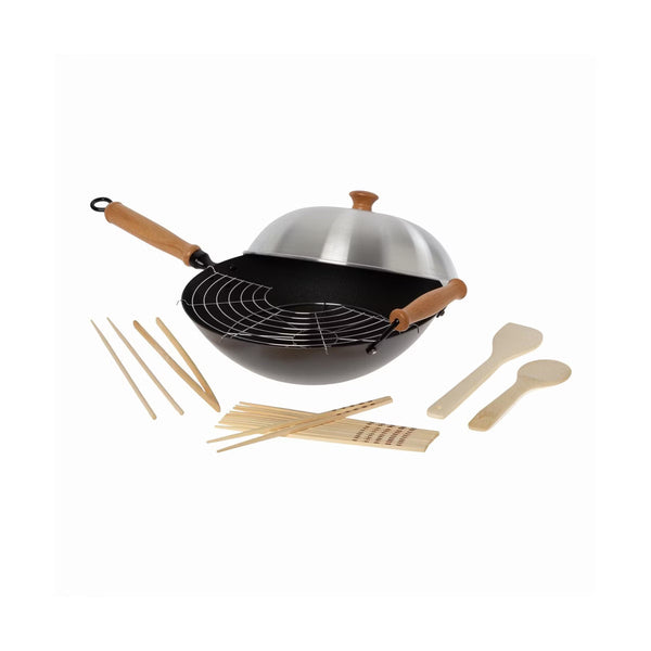 Wok – 14-Inch Carbon Steel Excalibur Nonstick Flat Bottom Wok Set – Black