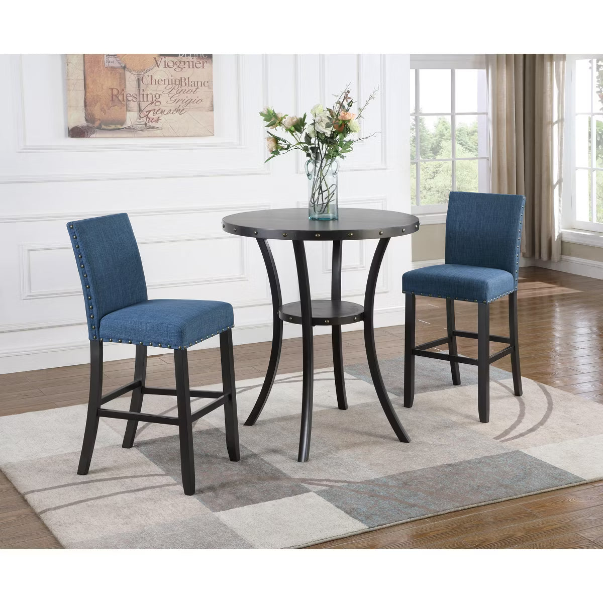 Bar Table – Culinvaro 3-Piece 36" Round Espresso Finish Bar Table with 2 Blue Fabric Nail Head Pub Chairs