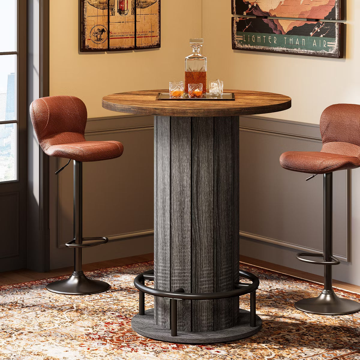 Wood Bistro Pub Table with Metal Ring Footrest for Dining Cocktail Living Room