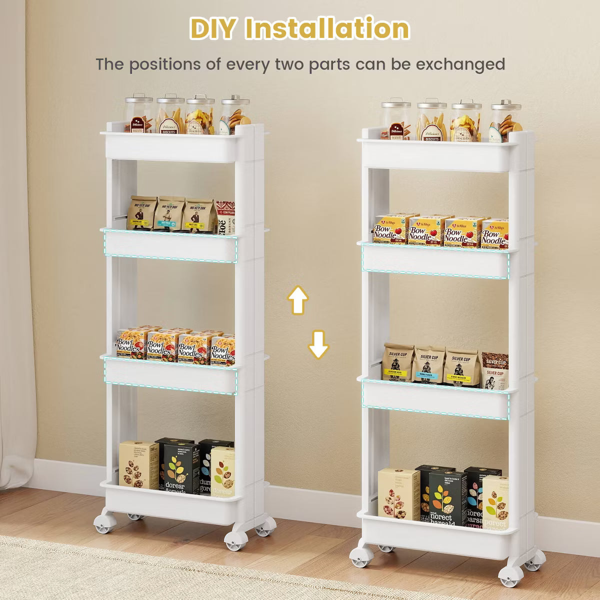 Utility Cart – Culinvaro 4-Tier Rolling Utility Cart with Detachable Trays and Smooth Wheels for Kitchen 15.5” × 9” × 40.5”(L × W × H)