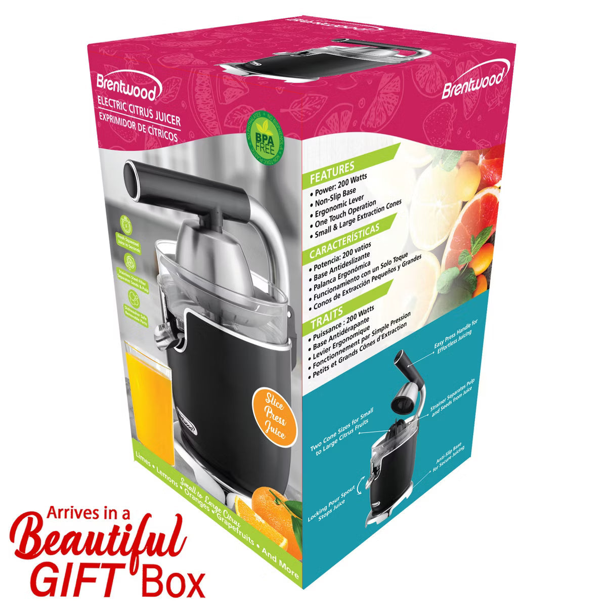 Juicer – 200-Watt 1-Speed Electric Citrus Juicer with 2 Cones and Lever – Black