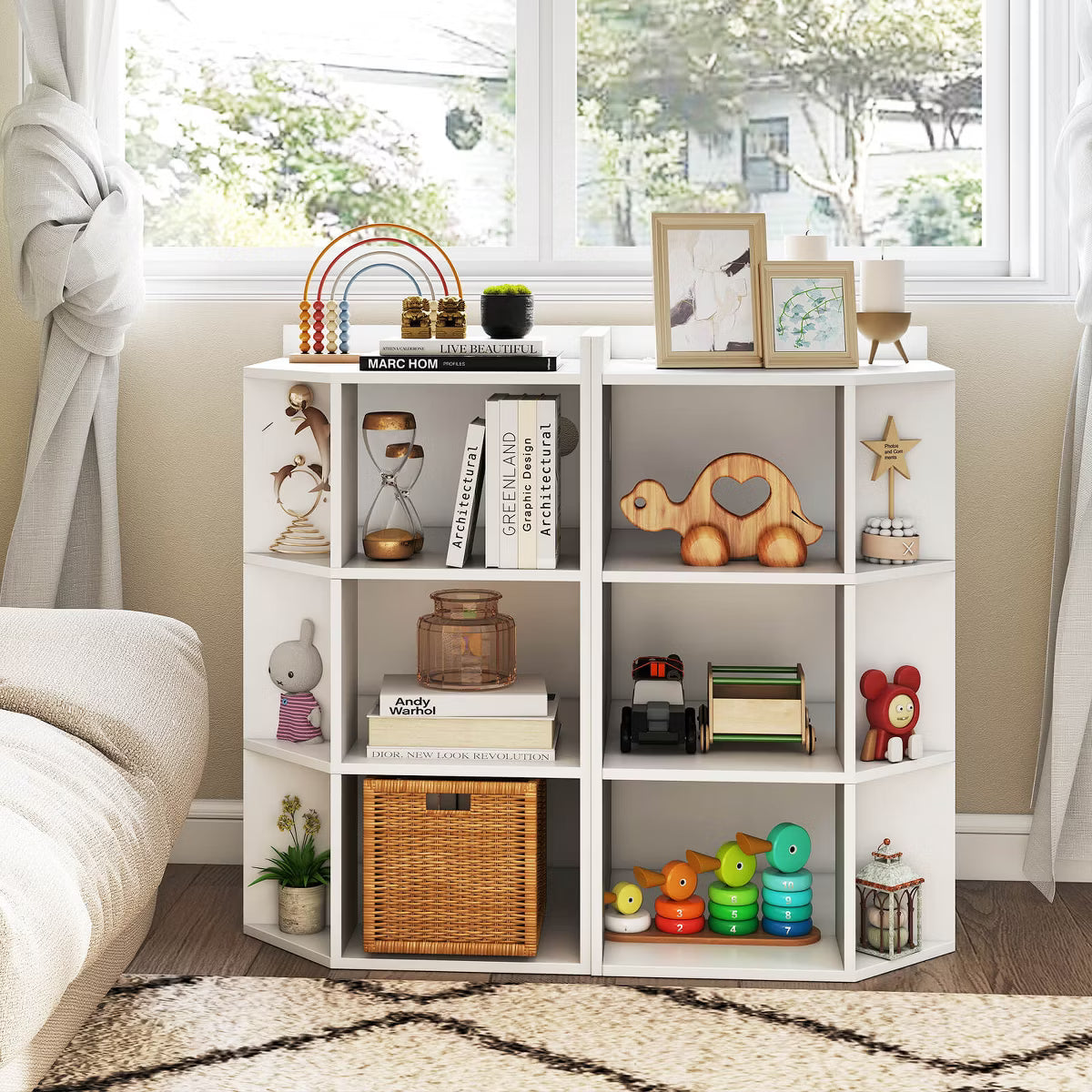 -Tier Kids Corner Toy Storage Organizer with USB Ports and Outlets 9 Cubbies White