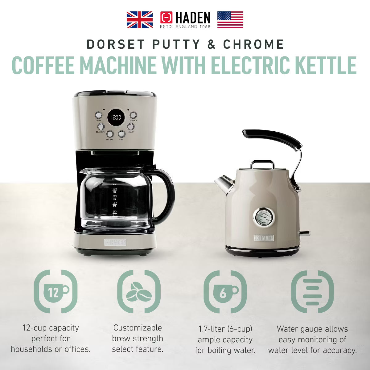 12 Cup Drip Coffee Maker Bundled with Dorset 1.7 Liter Stainless Steel Electric Hot Water Kettle