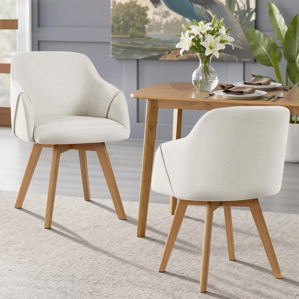 Swivel Dining Chairs Set of 2, Linen Upholstered Armchairs with Solid Wood Legs