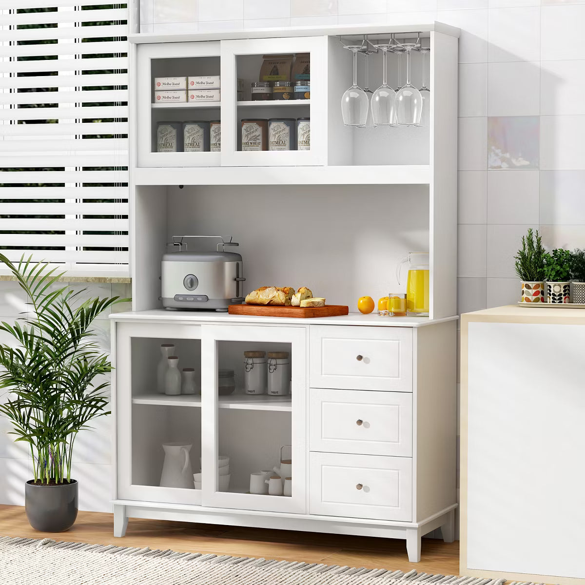 Pantry Cabinet – Culinvaro Kitchen Pantry Storage Cabinet Kitchen Hutch w/ LED lights & Power Outlet White