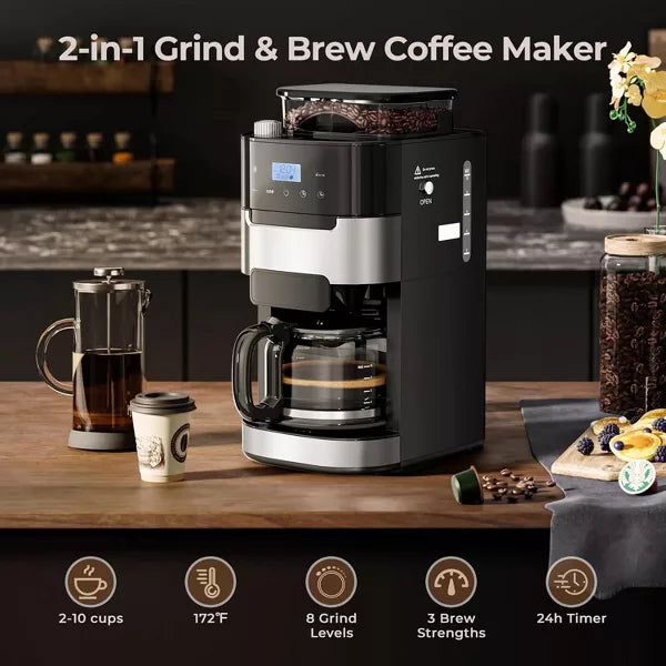 Drip Coffee Maker – 10-Cup Digital Drip Coffee Maker with Built-In Grinder – Black