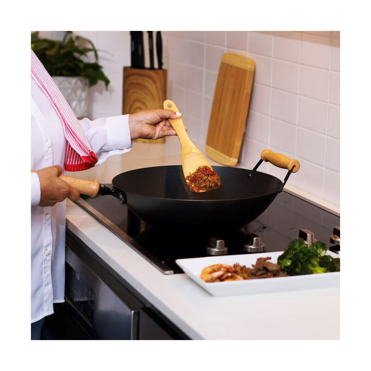 Wok – 14-Inch Carbon Steel Excalibur Nonstick Flat Bottom Wok Set – Black