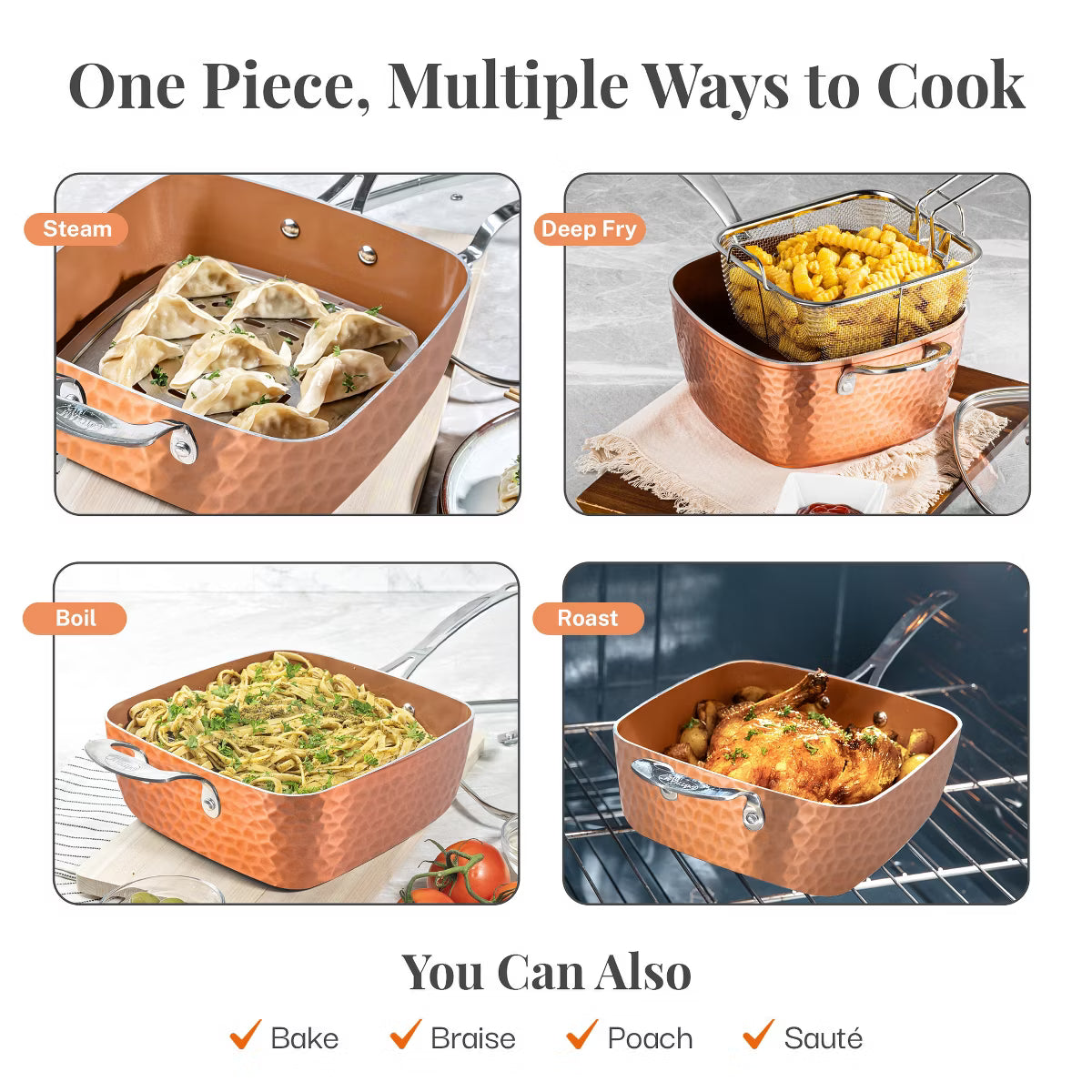 Saute Pan – 9.5" Ceramic Nonstick Deep Square Saute Pan with Lid – Copper