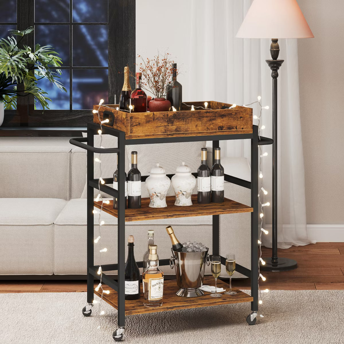 Bar Cart – Culinvaro 3-Tier Rolling Bar Cart, Metal Kitchen Serving Cart with Tray